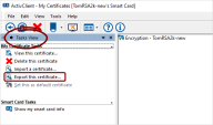 User Console Tasks view with the Export this certificate option highlighted.